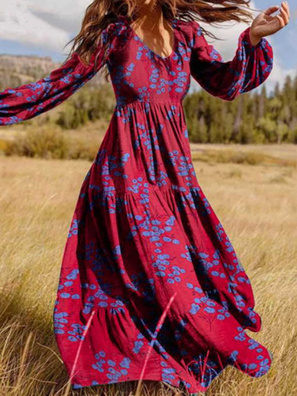 Paneled crinkled bohemian oversized cotton-print maxi dress-chiquechics