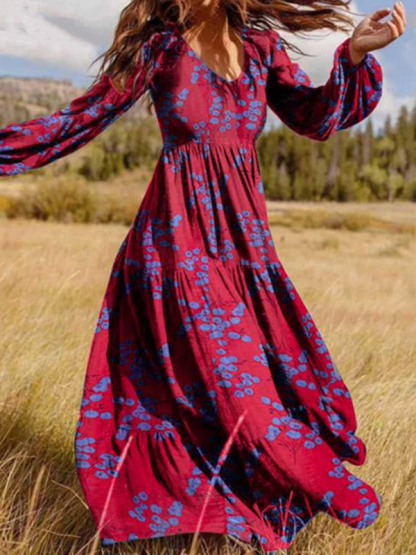 Paneled crinkled bohemian oversized cotton-print maxi dress-chiquechics