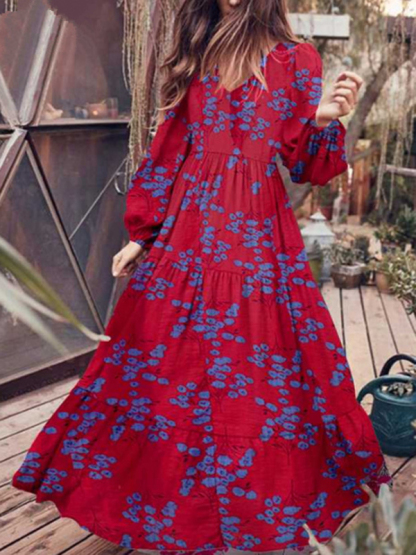 Paneled crinkled bohemian oversized cotton-print maxi dress-chiquechics