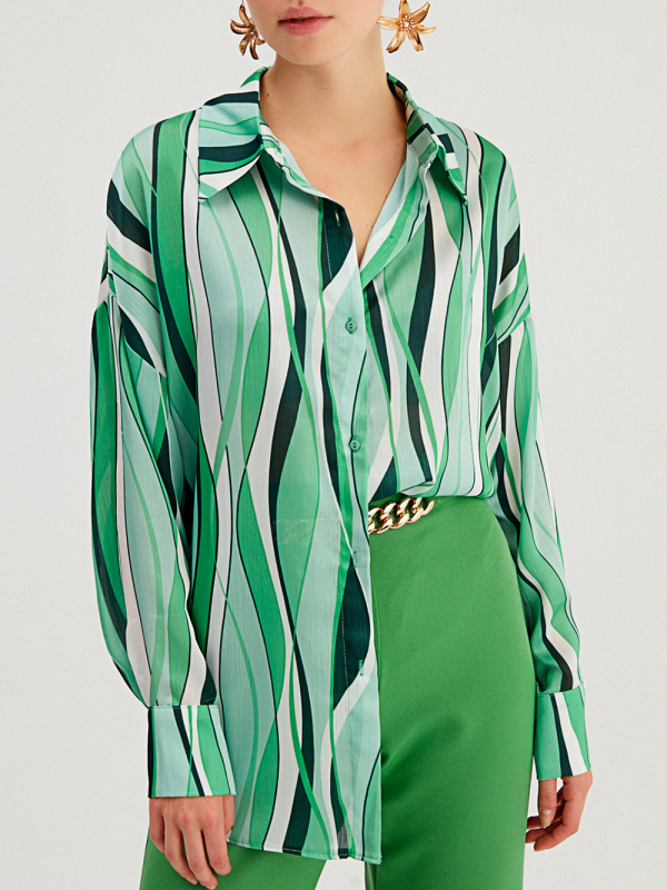 Shirt Vertical Stripe Loose Cardigan Digital Printing Personality Street Shirt-chiquechics