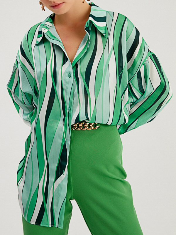 Shirt Vertical Stripe Loose Cardigan Digital Printing Personality Street Shirt-chiquechics