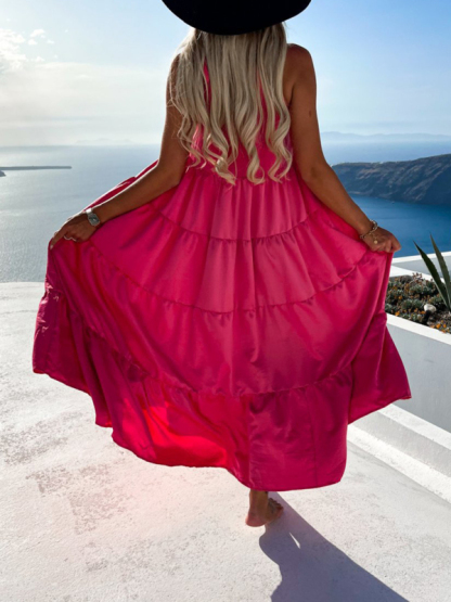 Ruched Solid Color Swing Skirt Beach Vacation Dress-chiquechics