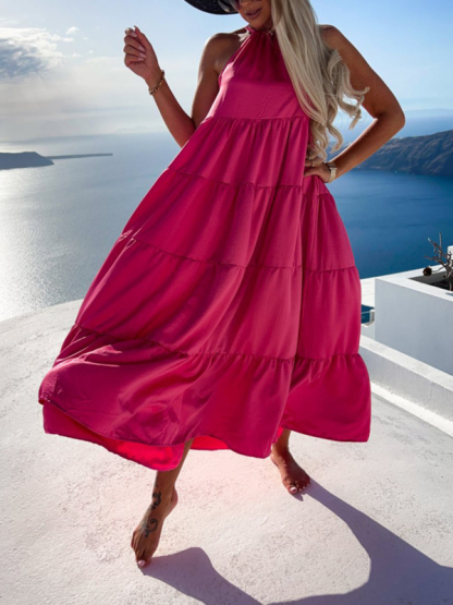 Ruched Solid Color Swing Skirt Beach Vacation Dress-chiquechics