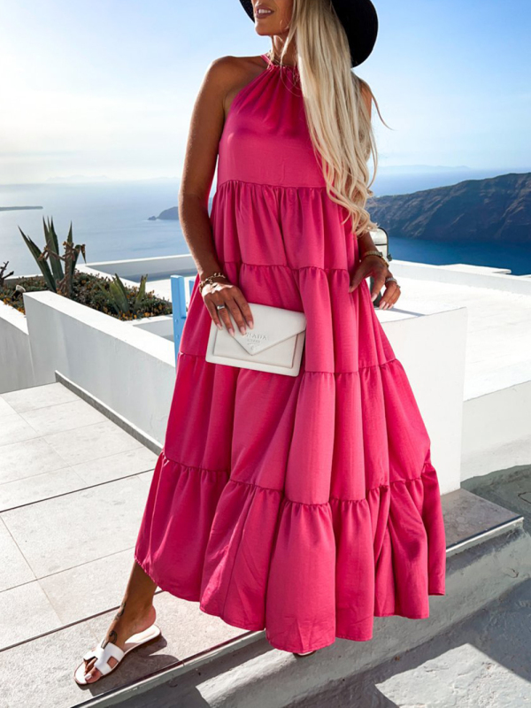 Ruched Solid Color Swing Skirt Beach Vacation Dress-chiquechics
