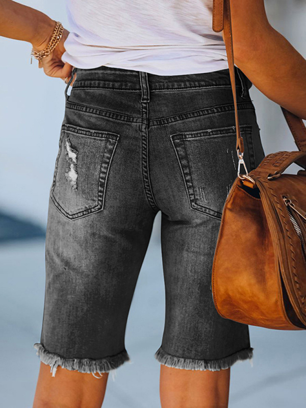 Street fringe high elastic pencil pants mid-rise cropped pants ripped jeans-chiquechics