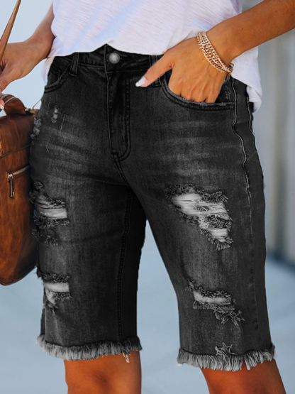 Street fringe high elastic pencil pants mid-rise cropped pants ripped jeans-chiquechics