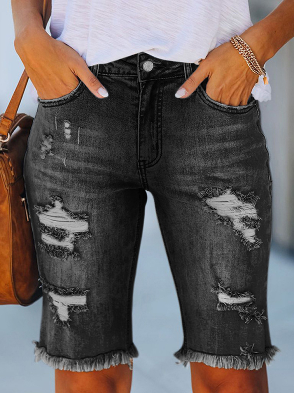 Street fringe high elastic pencil pants mid-rise cropped pants ripped jeans-chiquechics