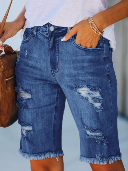 Street fringe high elastic pencil pants mid-rise cropped pants ripped jeans-chiquechics