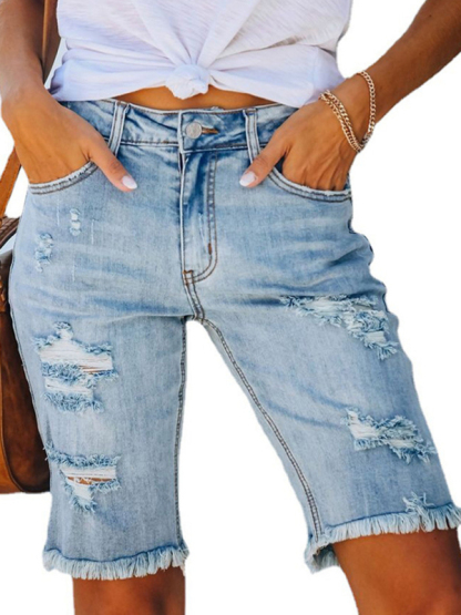 Street fringe high elastic pencil pants mid-rise cropped pants ripped jeans-chiquechics