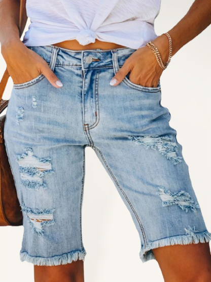 Street fringe high elastic pencil pants mid-rise cropped pants ripped jeans-chiquechics