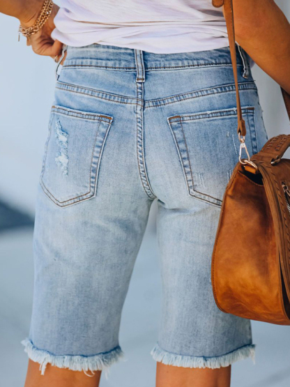 Street fringe high elastic pencil pants mid-rise cropped pants ripped jeans-chiquechics
