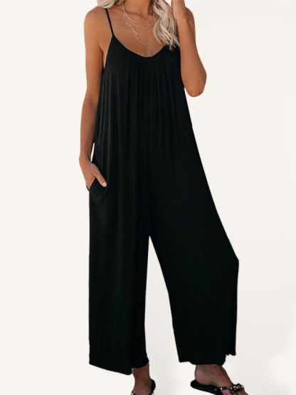 Trousers solid color side pocket loose casual suspender jumpsuit-chiquechics