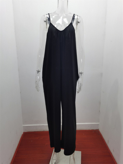 Trousers solid color side pocket loose casual suspender jumpsuit-chiquechics
