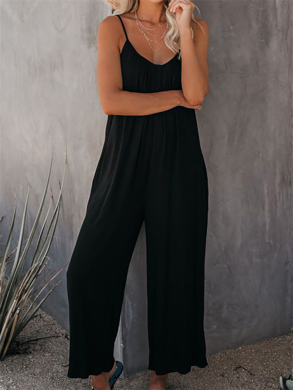 Trousers solid color side pocket loose casual suspender jumpsuit-chiquechics