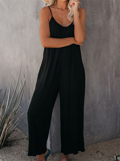 Trousers solid color side pocket loose casual suspender jumpsuit-chiquechics