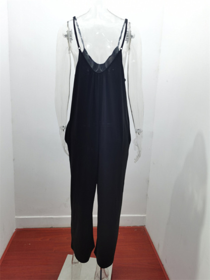 Trousers solid color side pocket loose casual suspender jumpsuit-chiquechics