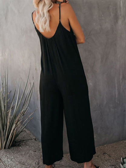 Trousers solid color side pocket loose casual suspender jumpsuit-chiquechics