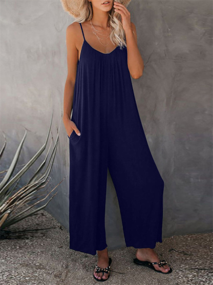 Trousers solid color side pocket loose casual suspender jumpsuit-chiquechics