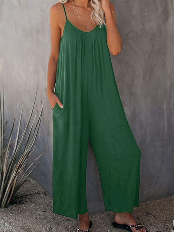 Trousers solid color side pocket loose casual suspender jumpsuit-chiquechics