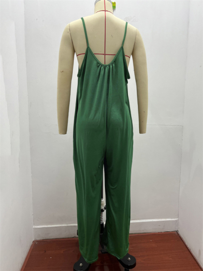 Trousers solid color side pocket loose casual suspender jumpsuit-chiquechics