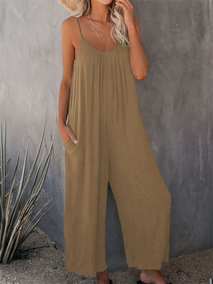 Trousers solid color side pocket loose casual suspender jumpsuit-chiquechics