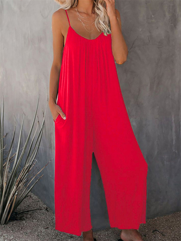 Trousers solid color side pocket loose casual suspender jumpsuit-chiquechics