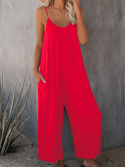 Trousers solid color side pocket loose casual suspender jumpsuit-chiquechics