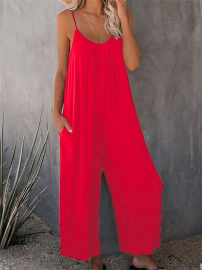 Trousers solid color side pocket loose casual suspender jumpsuit-chiquechics
