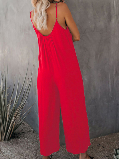 Trousers solid color side pocket loose casual suspender jumpsuit-chiquechics