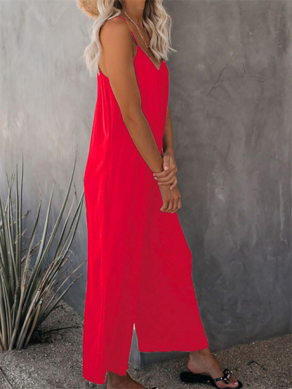 Trousers solid color side pocket loose casual suspender jumpsuit-chiquechics