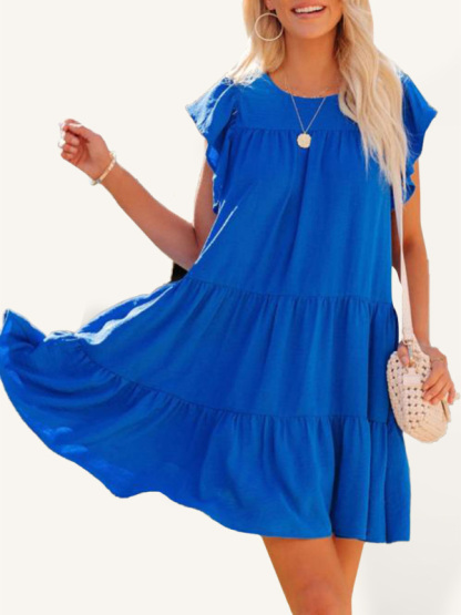 Fashion Pleated Loose Solid Color Short Sleeve Dress-chiquechics