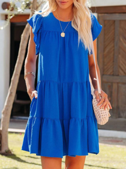 Fashion Pleated Loose Solid Color Short Sleeve Dress-chiquechics
