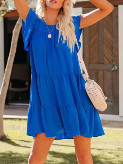Fashion Pleated Loose Solid Color Short Sleeve Dress-chiquechics