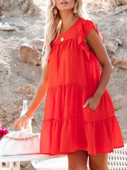 Fashion Pleated Loose Solid Color Short Sleeve Dress-chiquechics