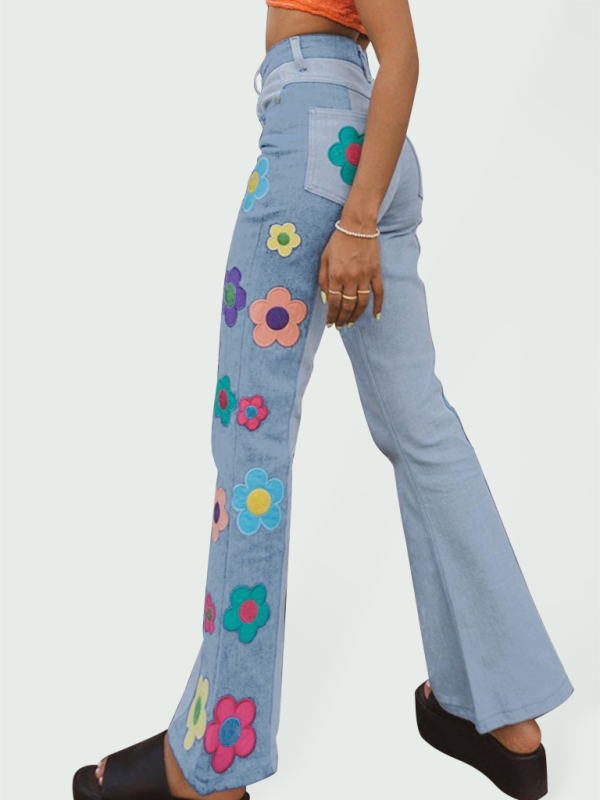 Women's color matching side print high waist bootcut pants casual jeans-chiquechics