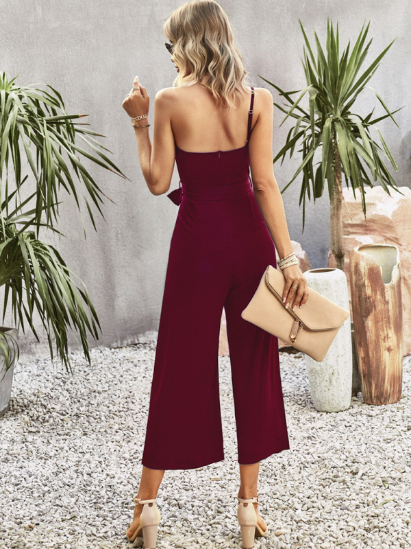 Women's solid color one-shoulder tie jumpsuit-chiquechics