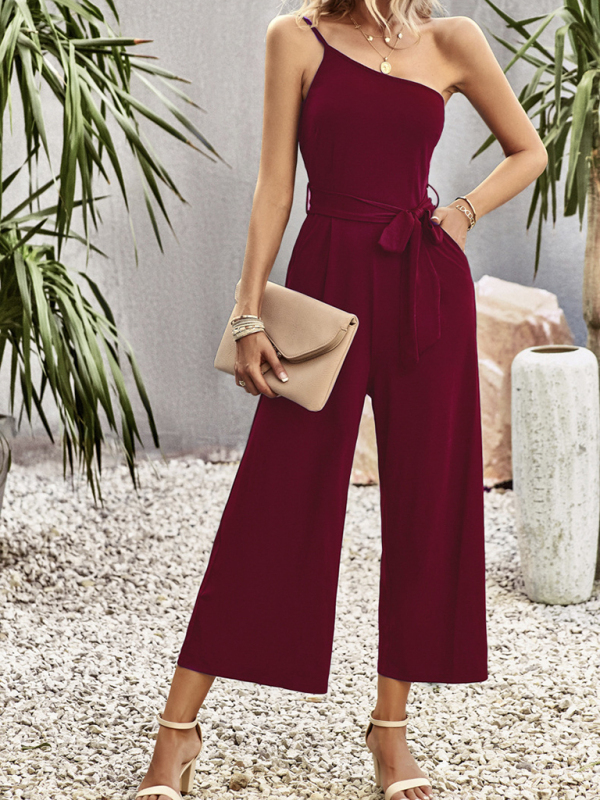Women's solid color one-shoulder tie jumpsuit-chiquechics