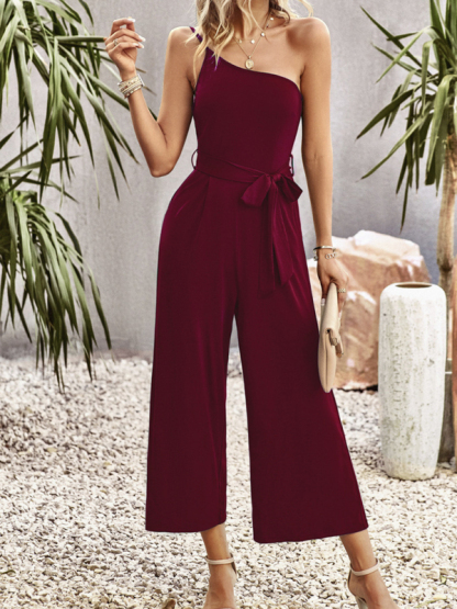 Women's solid color one-shoulder tie jumpsuit-chiquechics