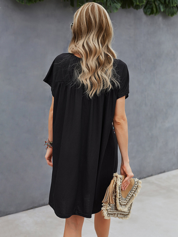 Woman knitted round neck casual holiday short -sleeved dress-chiquechics