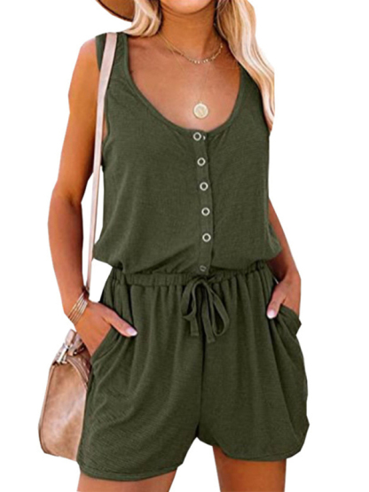 New sleeveless jumpsuit waist tie casual loose wide leg shorts-chiquechics