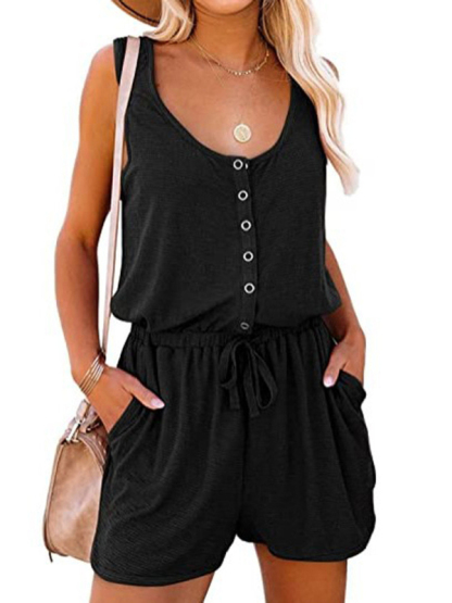 New sleeveless jumpsuit waist tie casual loose wide leg shorts-chiquechics
