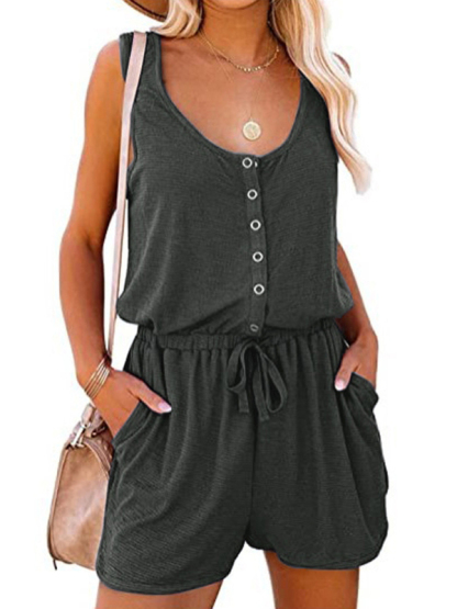New sleeveless jumpsuit waist tie casual loose wide leg shorts-chiquechics