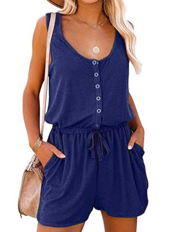 New sleeveless jumpsuit waist tie casual loose wide leg shorts-chiquechics