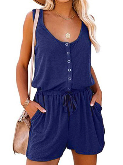 New sleeveless jumpsuit waist tie casual loose wide leg shorts-chiquechics