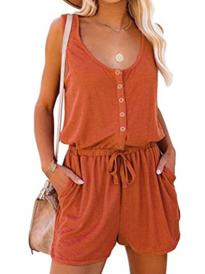 New sleeveless jumpsuit waist tie casual loose wide leg shorts-chiquechics