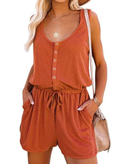 New sleeveless jumpsuit waist tie casual loose wide leg shorts-chiquechics
