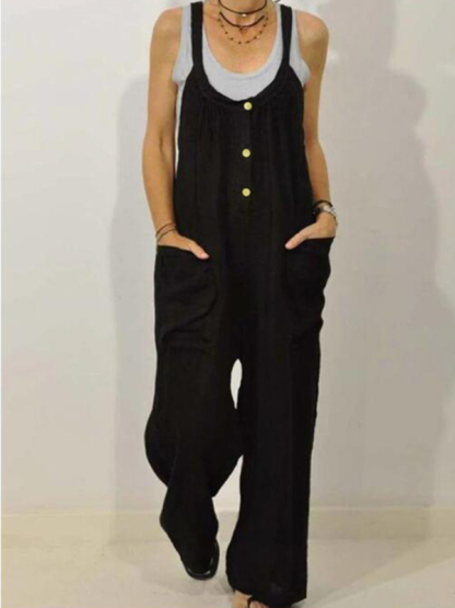 Cotton Linen Overalls Pocket Solid Elastic Band Button Jumpsuit-chiquechics