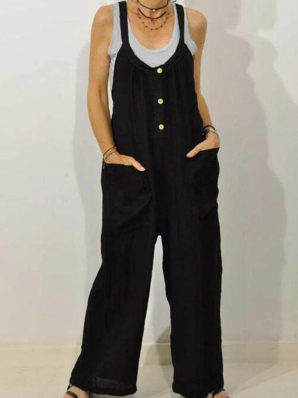 Cotton Linen Overalls Pocket Solid Elastic Band Button Jumpsuit-chiquechics