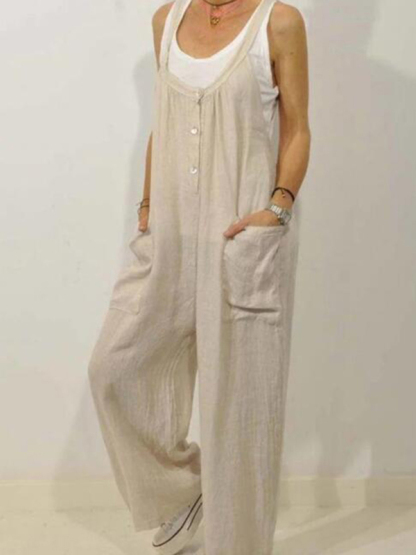 Cotton Linen Overalls Pocket Solid Elastic Band Button Jumpsuit-chiquechics