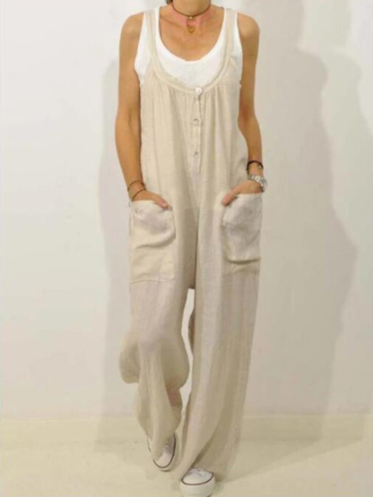 Cotton Linen Overalls Pocket Solid Elastic Band Button Jumpsuit-chiquechics